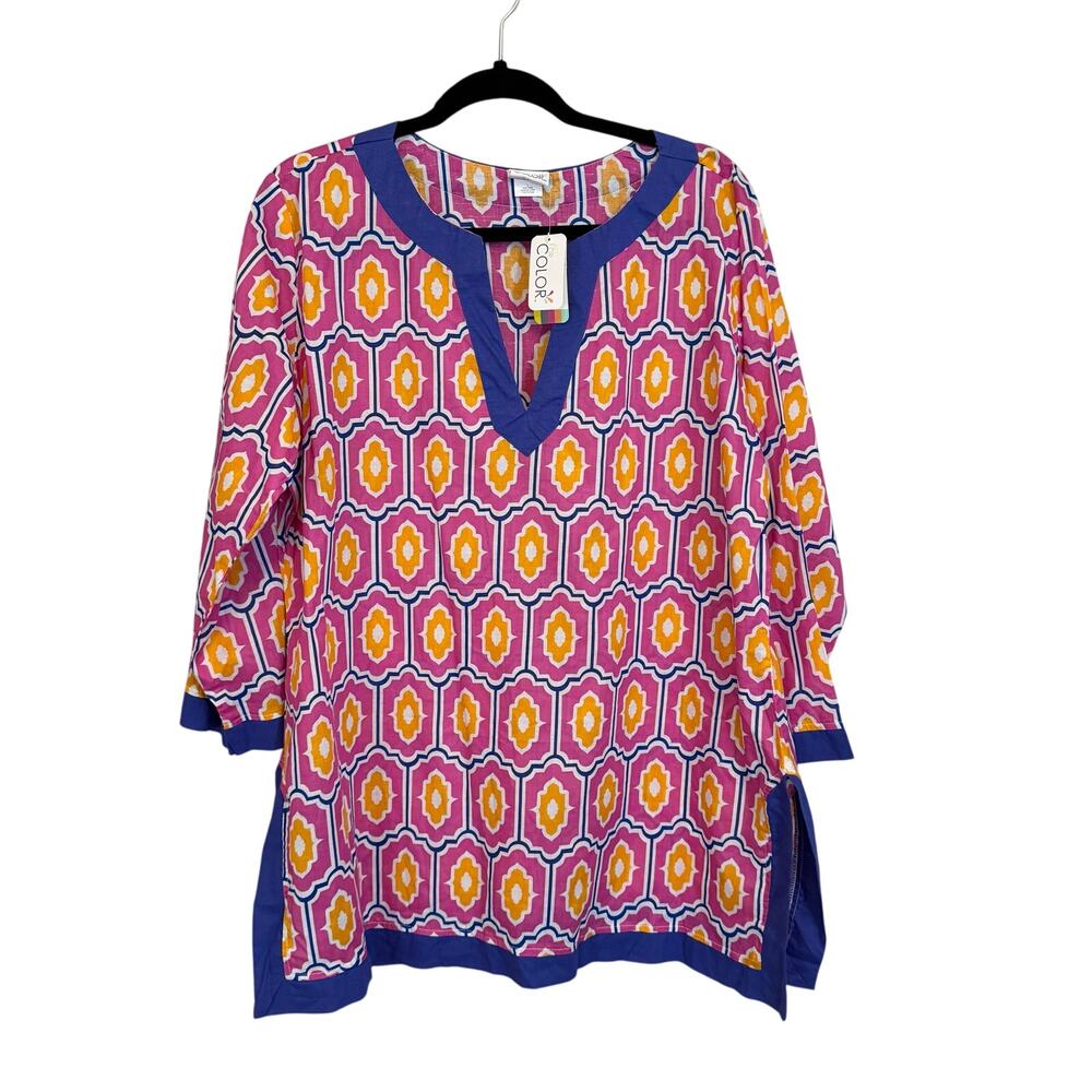 All For Color Swim Cover Up Womens Large Pink Ikat Print Tunic Summer Beach NWT